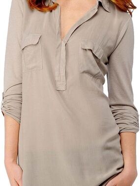 Splendid Taupe Jersey Modal V-Neck Shirt Small Collared Blouse